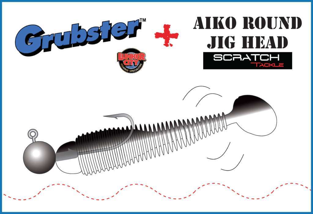 Grubster Lunker City monté sur une tête Aiko Round Jig Head Scratch Tackle